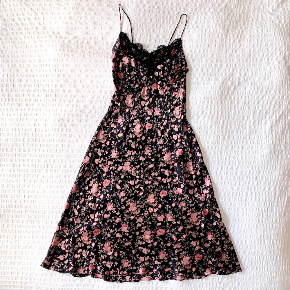 VTG 90s Y2K Betsy Johnson Silk Slip Dress Black Floral XS